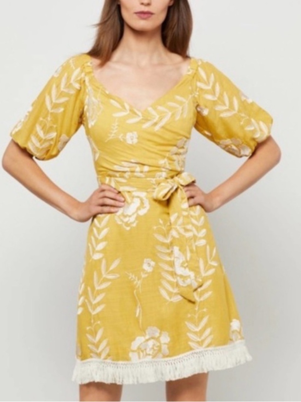 BCBGMaxAzria whimsy, romantic Mustard Yellow Floral embroidered Mini Dress